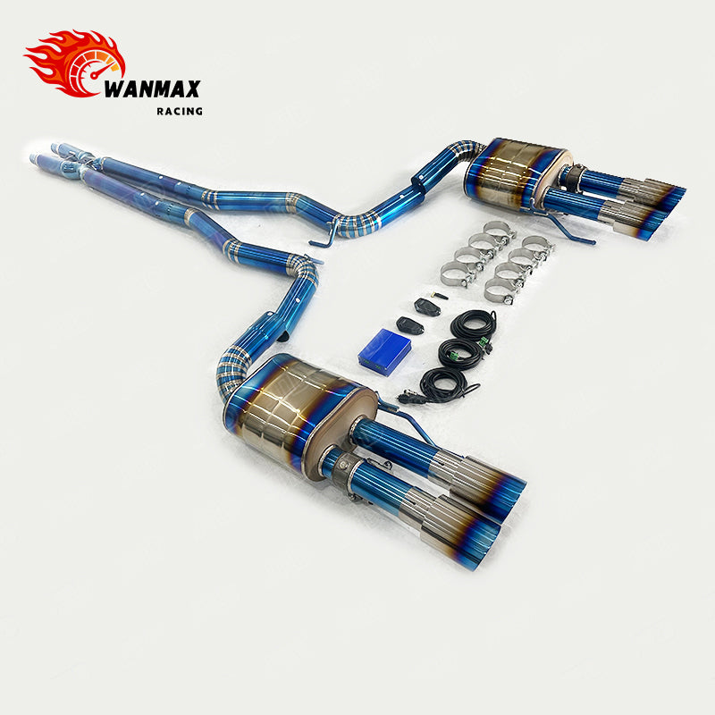 Titanium X-Pipe Electronic Valved Catback Exhaust for Ford Mustang GT 5.0L NA V8 2024+ with Burnt Blue Quad Straight Tips