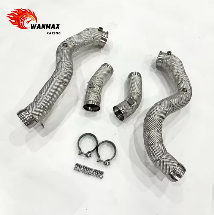 SS304 High Flow Exhaust Downpipe for Mercedes Benz GLC63 AMG X253 C253 4.0T Twin Turbo V8 Full Heat Shield Wrapped
