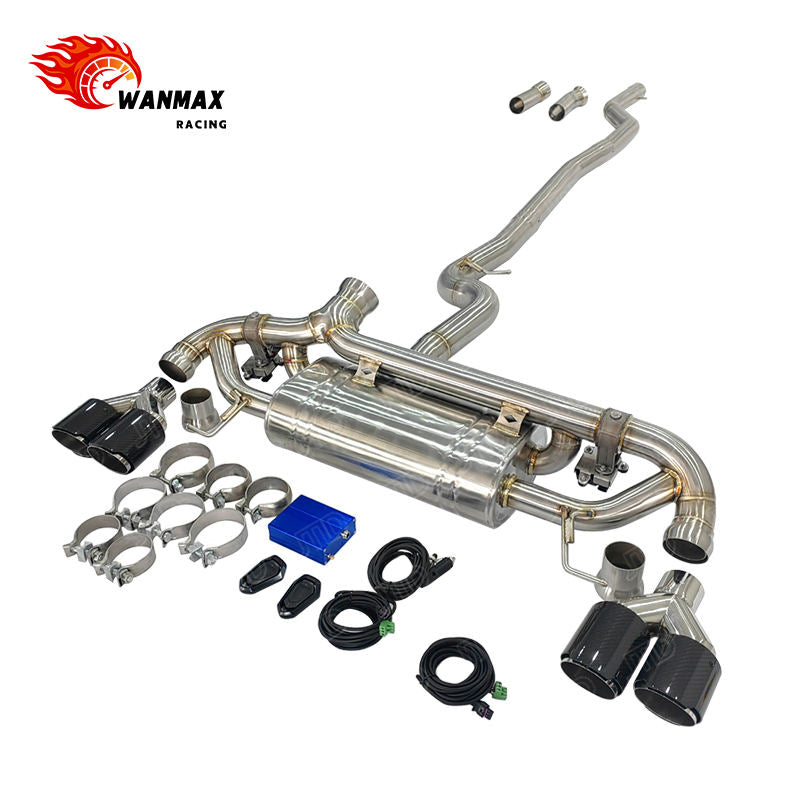 Mirror Polished SS304 Valved Catback Exhaust for BMW G20 G22 G23 G26 330i 430i B48 2.0L Turbo 2019+ with Dual Pair Gloss Carbon Quad Tips