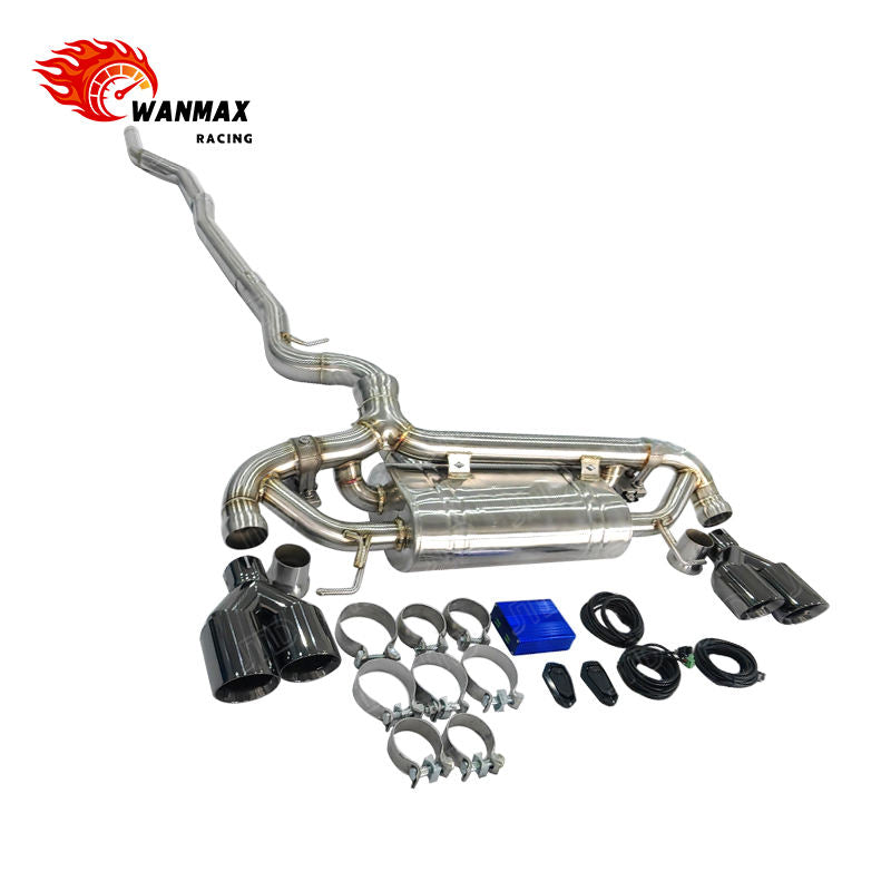 Mirror Polished SS304 Valved Catback Exhaust for BMW G20 G22 G23 G26 330i 430i B48 2.0L Turbo 2019+ with Dual Pair Gloss Carbon Quad Tips