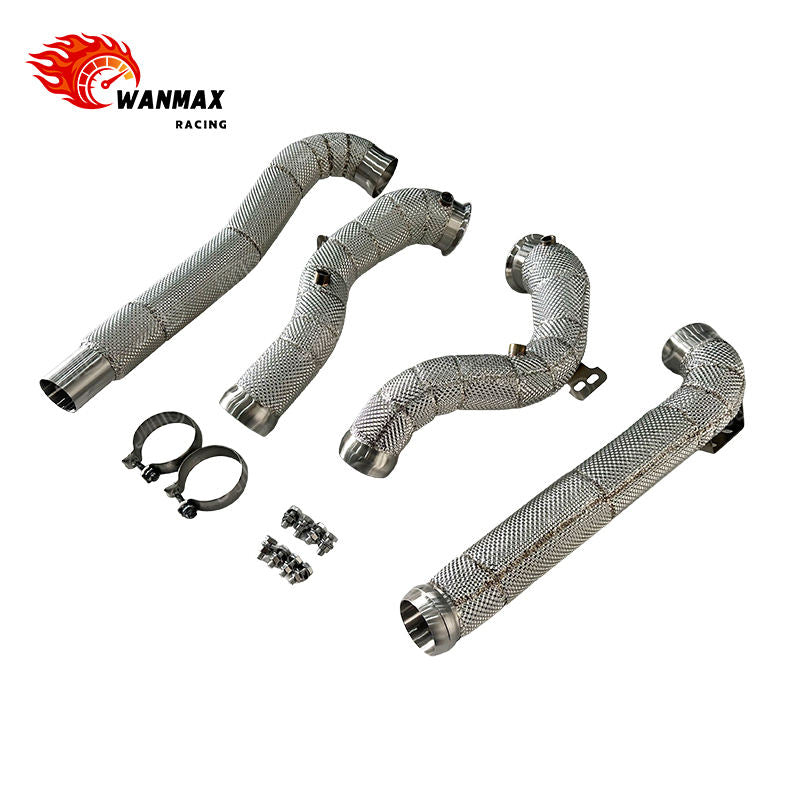SS304 High Flow Downpipe for Mercedes AMG GT 4.0T Twin Turbo V8 Full Heat Shield Wrapped