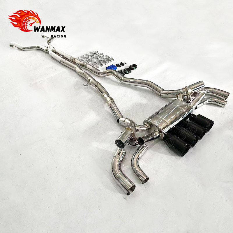 Mirror Polished 304 Stainless Steel X-Pipe Electronic Valved Catback Exhaust with Carbon Fiber Tips for BMW G90 M5 S68 4.4T V8 Hybrid 2024+