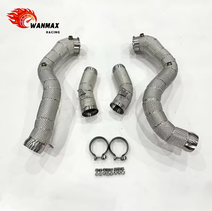 SS304 High Flow Exhaust Downpipe for Mercedes Benz GLC63 AMG X253 C253 4.0T Twin Turbo V8 Full Heat Shield Wrapped