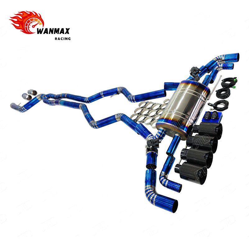 Burnt Blue Titanium Look Valved Catback Exhaust System for BMW G20 G28 M340i B58 3.0L with Quad Gloss Carbon Tips