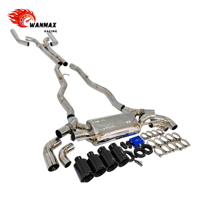 Mirror Polished 304 Stainless Steel X-Pipe Electronic Valved Catback Exhaust with Carbon Fiber Tips for BMW F90 M5 S63 4.4T V8 2018-2023
