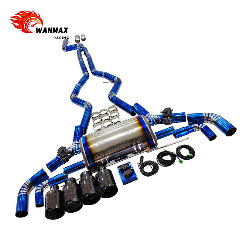 Burnt Blue Titanium Look Valved Catback Exhaust System for BMW G20 G28 M340i B58 3.0L with Quad Gloss Carbon Tips