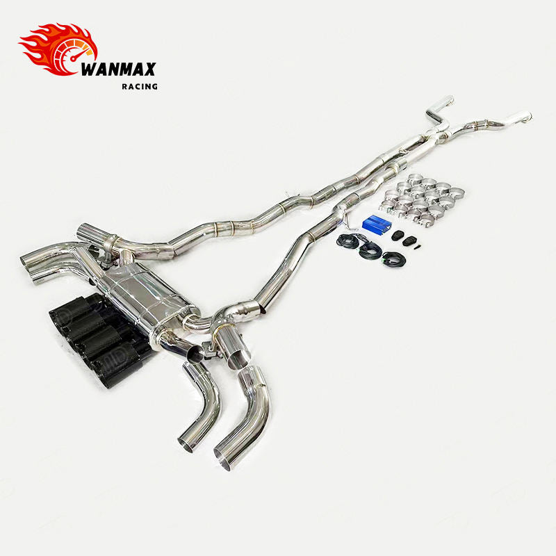 Mirror Polished 304 Stainless Steel X-Pipe Electronic Valved Catback Exhaust with Carbon Fiber Tips for BMW G90 M5 S68 4.4T V8 Hybrid 2024+