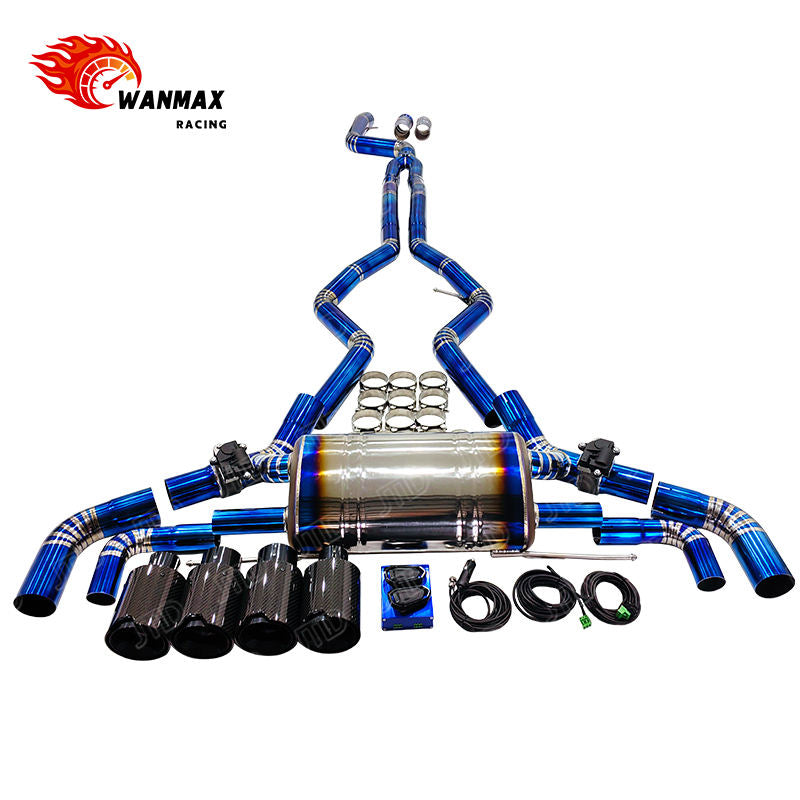 Burnt Blue Titanium Look Valved Catback Exhaust System for BMW G20 G28 M340i B58 3.0L with Quad Gloss Carbon Tips