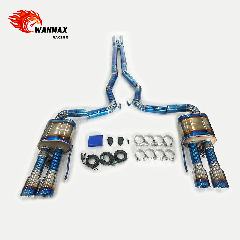 Titanium X-Pipe Electronic Valved Catback Exhaust for Ford Mustang GT 5.0L NA V8 2024+ with Burnt Blue Quad Straight Tips