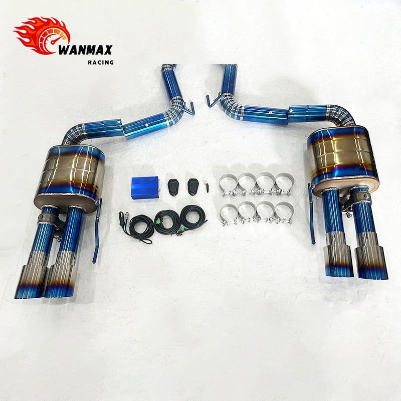 Titanium X-Pipe Electronic Valved Catback Exhaust for Ford Mustang GT 5.0L NA V8 2024+ with Burnt Blue Quad Straight Tips
