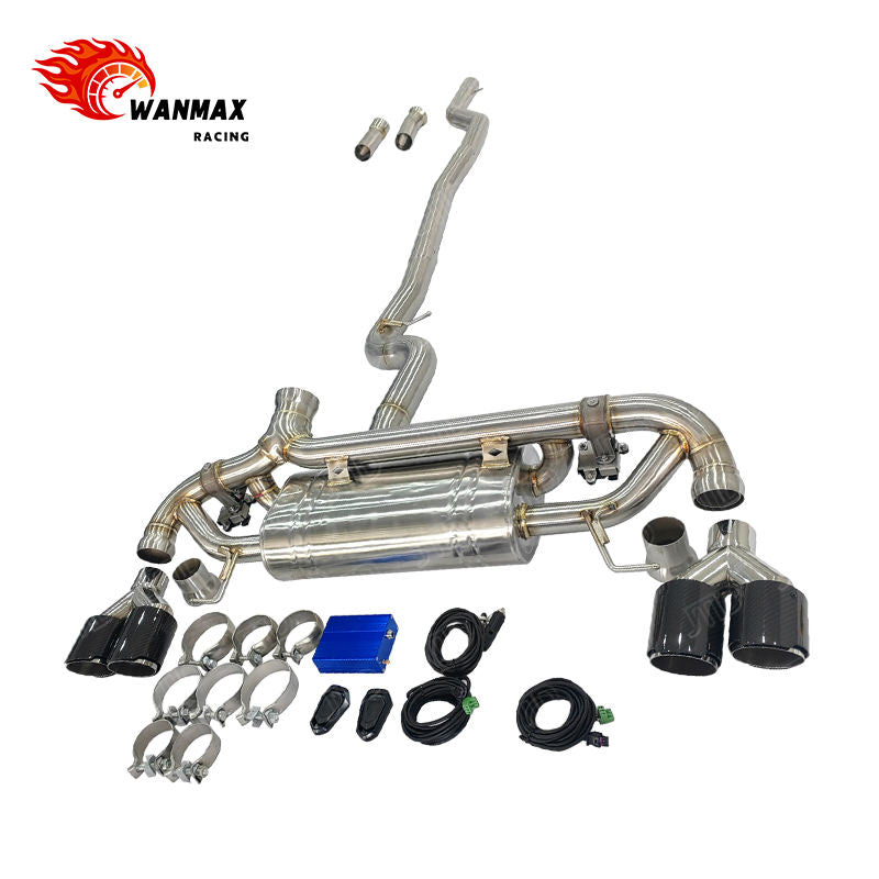 Mirror Polished SS304 Valved Catback Exhaust for BMW G20 G22 G23 G26 330i 430i B48 2.0L Turbo 2019+ with Dual Pair Gloss Carbon Quad Tips