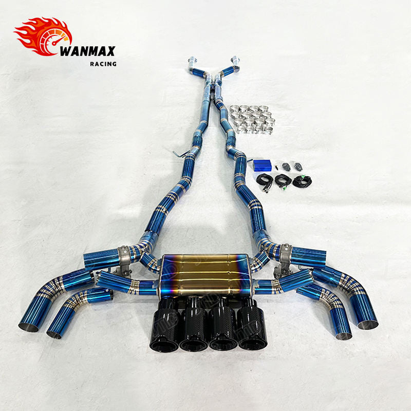 Burnt Blue Full Titanium Valvetronic Catback Exhaust with Carbon Fiber Tips for BMW G90 M5 S68 4.4T V8 Hybrid 2024+