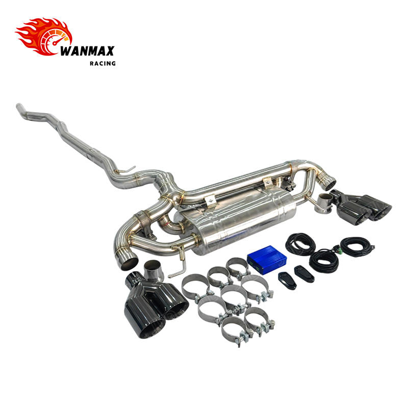 Mirror Polished SS304 Valved Catback Exhaust for BMW G20 G22 G23 G26 330i 430i B48 2.0L Turbo 2019+ with Dual Pair Gloss Carbon Quad Tips