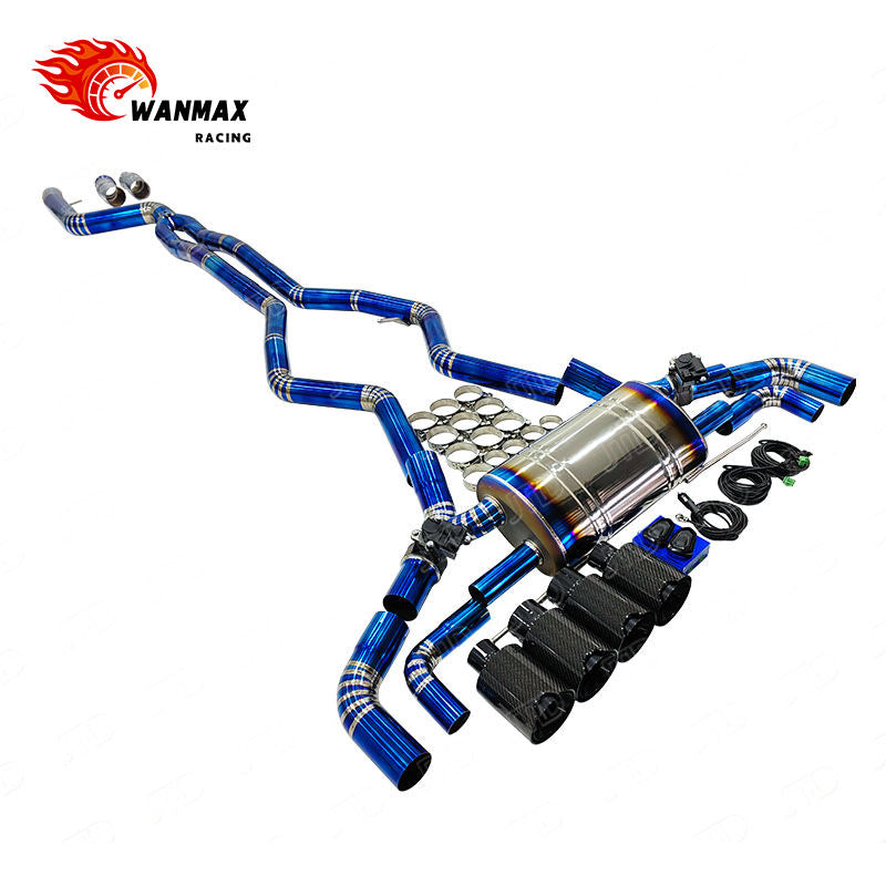 Burnt Blue Titanium Look Valved Catback Exhaust System for BMW G20 G28 M340i B58 3.0L with Quad Gloss Carbon Tips