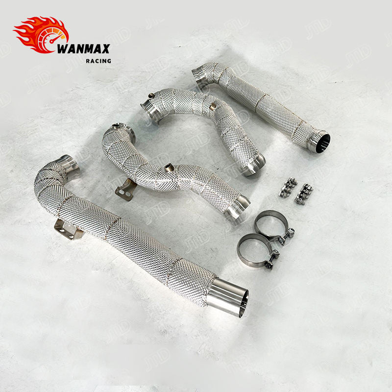 SS304 High Flow Downpipe for Mercedes AMG GT 4.0T Twin Turbo V8 Full Heat Shield Wrapped