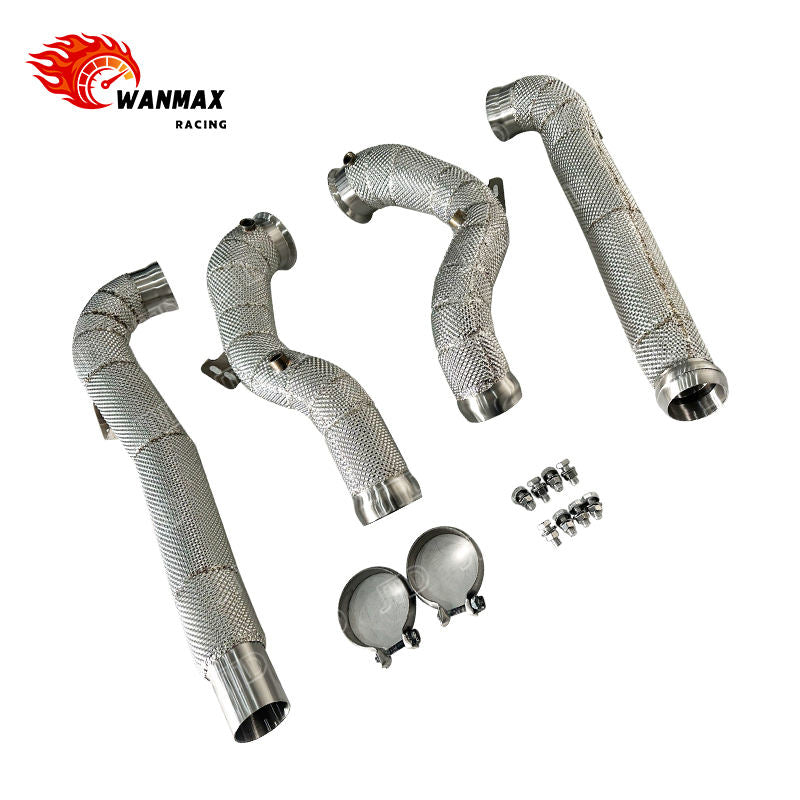 SS304 High Flow Downpipe for Mercedes AMG GT 4.0T Twin Turbo V8 Full Heat Shield Wrapped