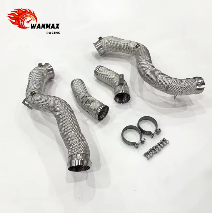 SS304 High Flow Exhaust Downpipe for Mercedes Benz GLC63 AMG X253 C253 4.0T Twin Turbo V8 Full Heat Shield Wrapped