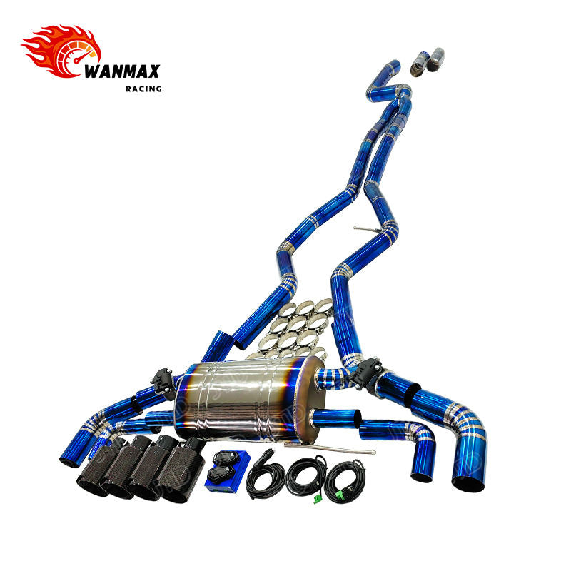 Burnt Blue Titanium Look Valved Catback Exhaust System for BMW G20 G28 M340i B58 3.0L with Quad Gloss Carbon Tips