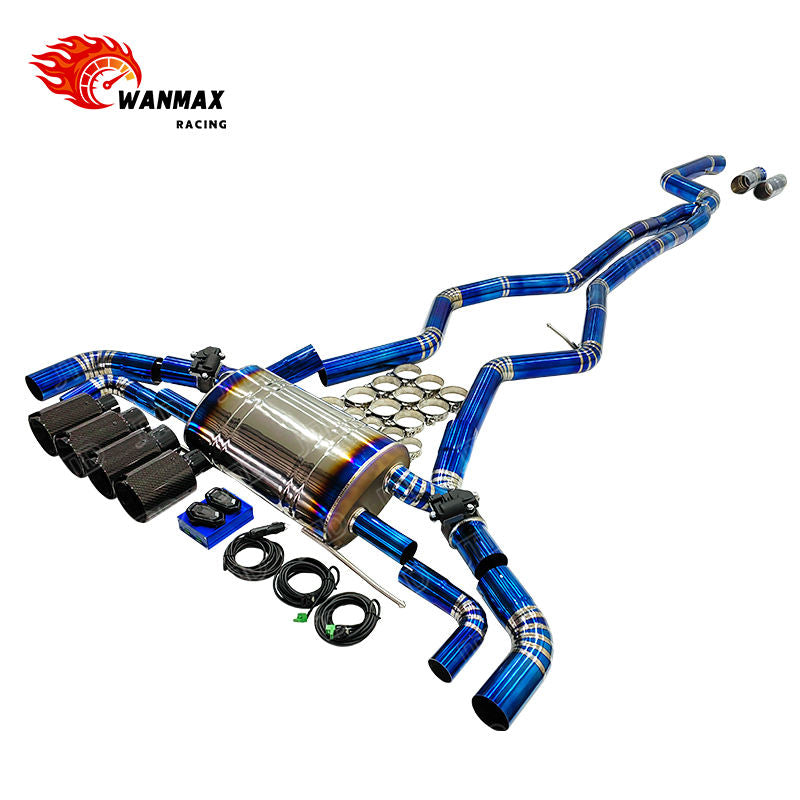 Burnt Blue Titanium Look Valved Catback Exhaust System for BMW G20 G28 M340i B58 3.0L with Quad Gloss Carbon Tips