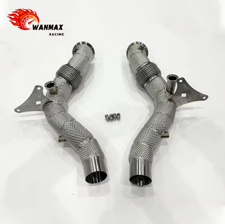 High Flow Downpipe for Ferrari F8 Tributo & F8 Spider 3.9T Twin Turbo V8 Full Heat Shield Wrapped SS304