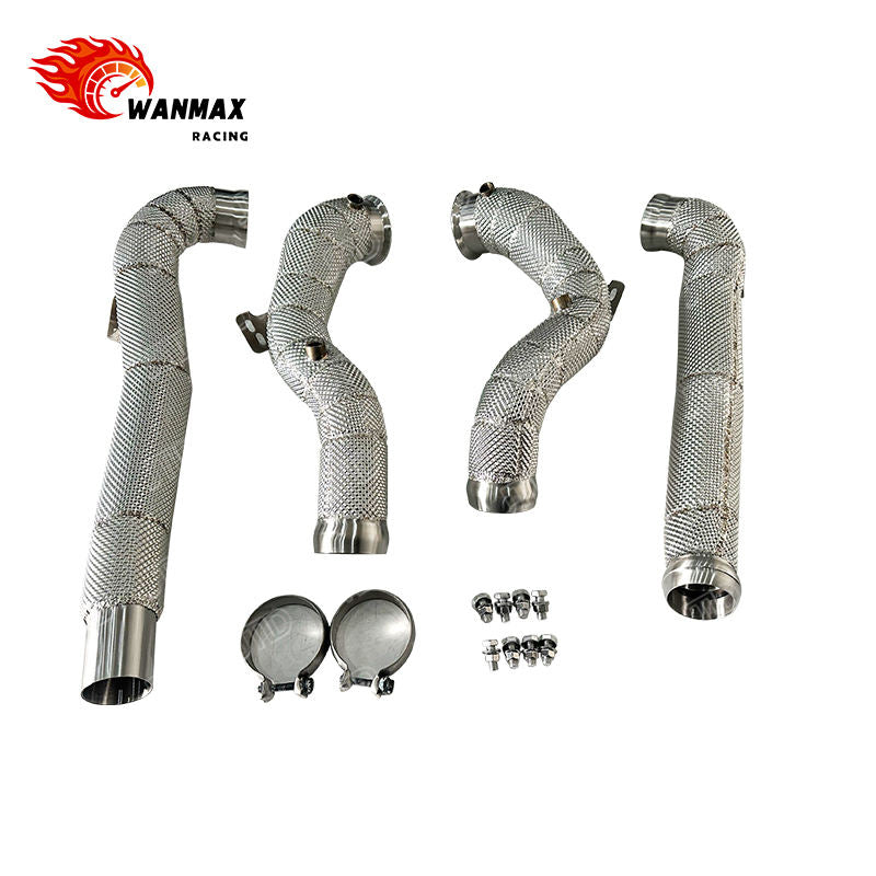 SS304 High Flow Downpipe for Mercedes AMG GT 4.0T Twin Turbo V8 Full Heat Shield Wrapped