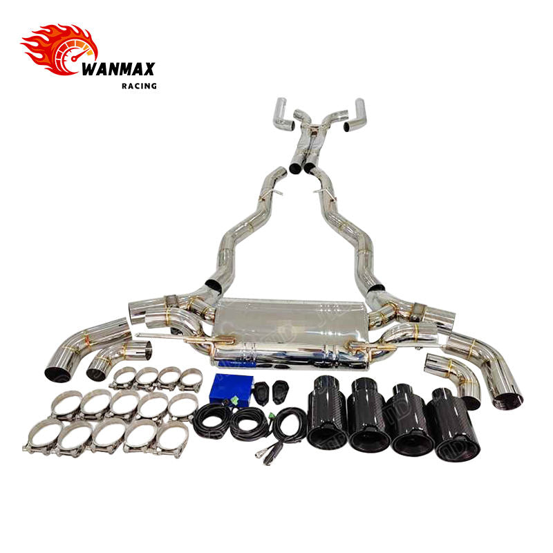 Mirror Polished 304 Stainless Steel X-Pipe Electronic Valved Catback Exhaust with Carbon Fiber Tips for BMW F90 M5 S63 4.4T V8 2018-2023