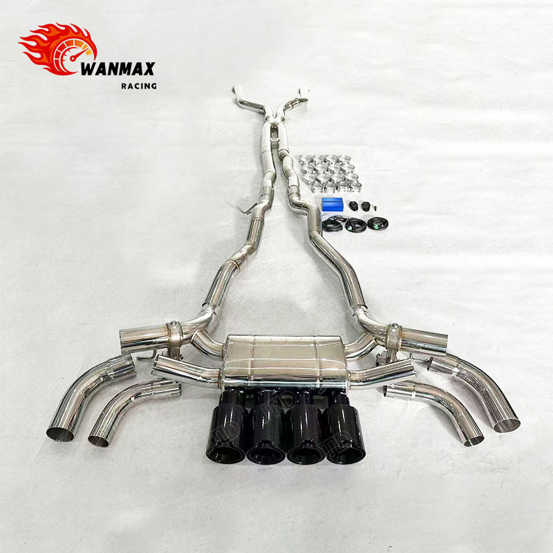 Mirror Polished 304 Stainless Steel X-Pipe Electronic Valved Catback Exhaust with Carbon Fiber Tips for BMW G90 M5 S68 4.4T V8 Hybrid 2024+