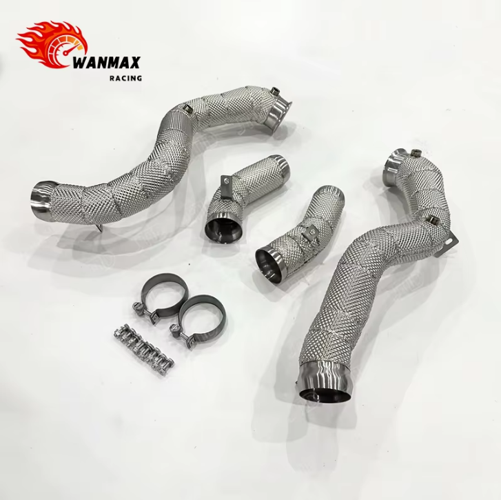 SS304 High Flow Exhaust Downpipe for Mercedes Benz GLC63 AMG X253 C253 4.0T Twin Turbo V8 Full Heat Shield Wrapped