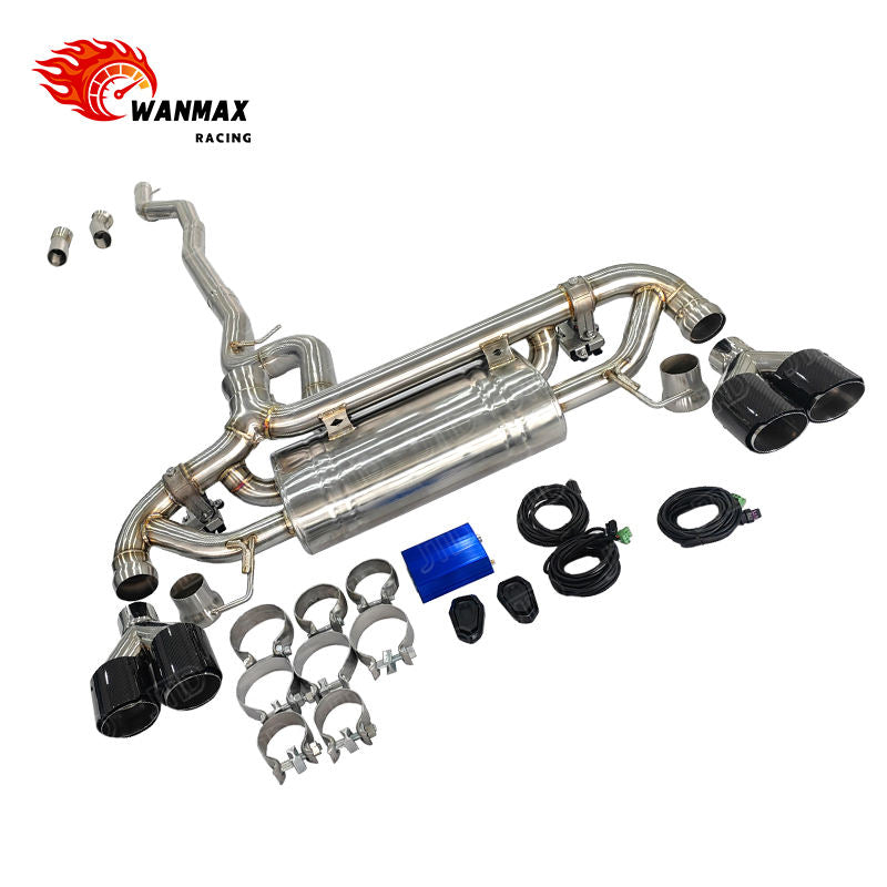 Mirror Polished SS304 Valved Catback Exhaust for BMW G20 G22 G23 G26 330i 430i B48 2.0L Turbo 2019+ with Dual Pair Gloss Carbon Quad Tips