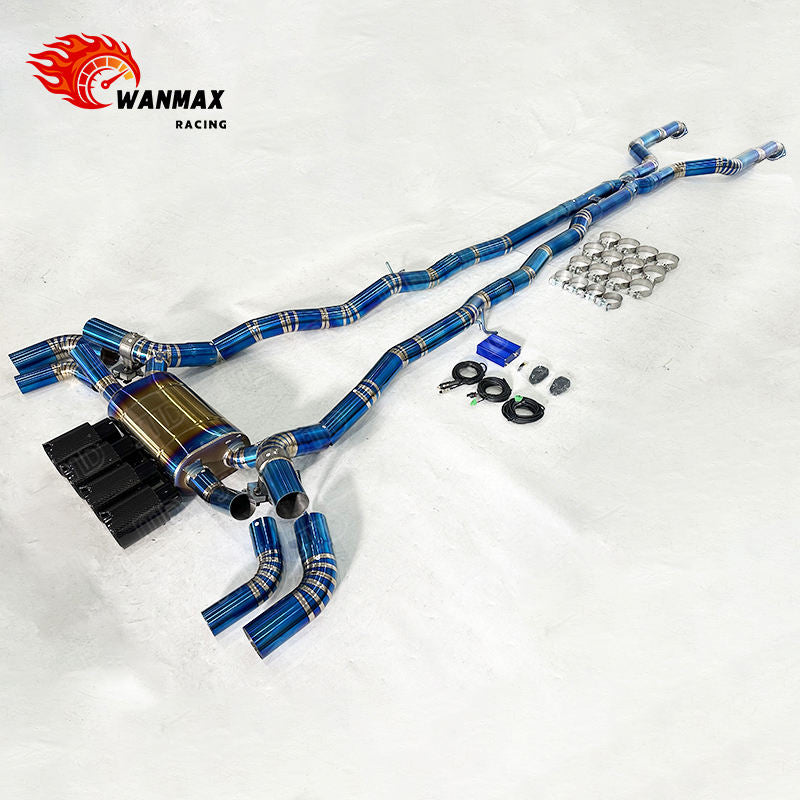 Burnt Blue Full Titanium Valvetronic Catback Exhaust with Carbon Fiber Tips for BMW G90 M5 S68 4.4T V8 Hybrid 2024+