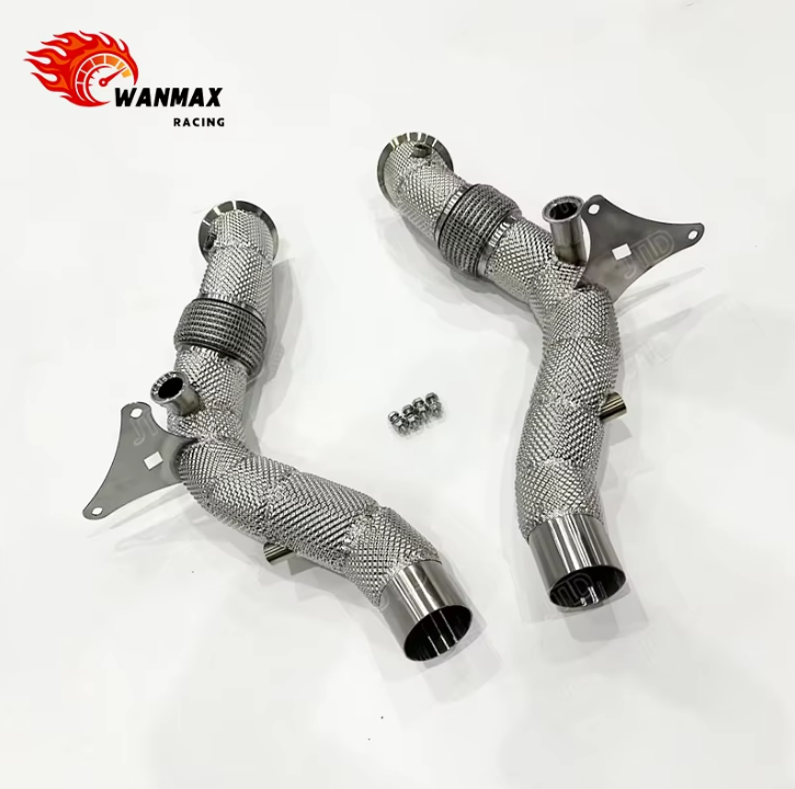 High Flow Downpipe for Ferrari F8 Tributo & F8 Spider 3.9T Twin Turbo V8 Full Heat Shield Wrapped SS304
