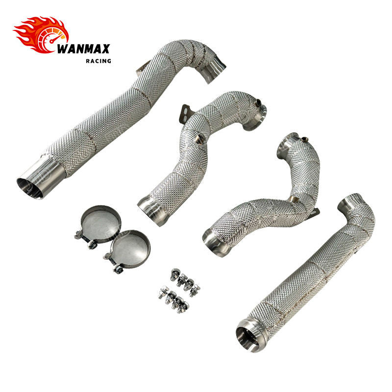 SS304 High Flow Downpipe for Mercedes AMG GT 4.0T Twin Turbo V8 Full Heat Shield Wrapped
