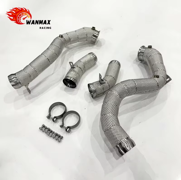 SS304 High Flow Exhaust Downpipe for Mercedes Benz GLC63 AMG X253 C253 4.0T Twin Turbo V8 Full Heat Shield Wrapped