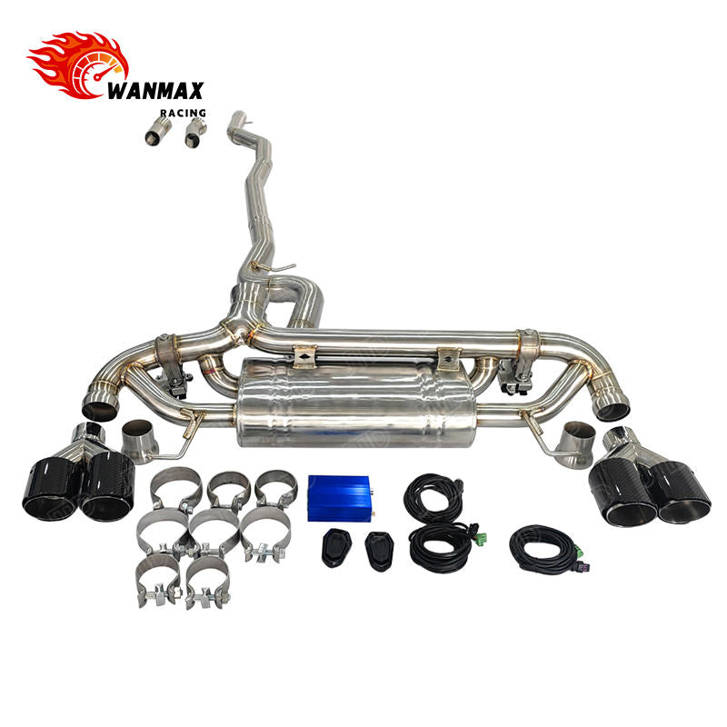 Mirror Polished SS304 Valved Catback Exhaust for BMW G20 G22 G23 G26 330i 430i B48 2.0L Turbo 2019+ with Dual Pair Gloss Carbon Quad Tips
